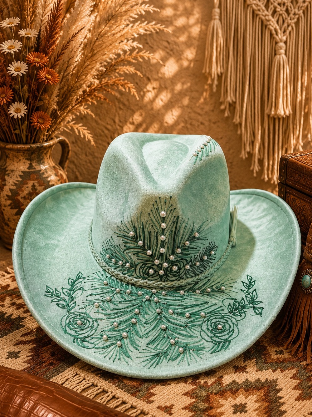 Mint Green Engraved Western Cowboy Hat